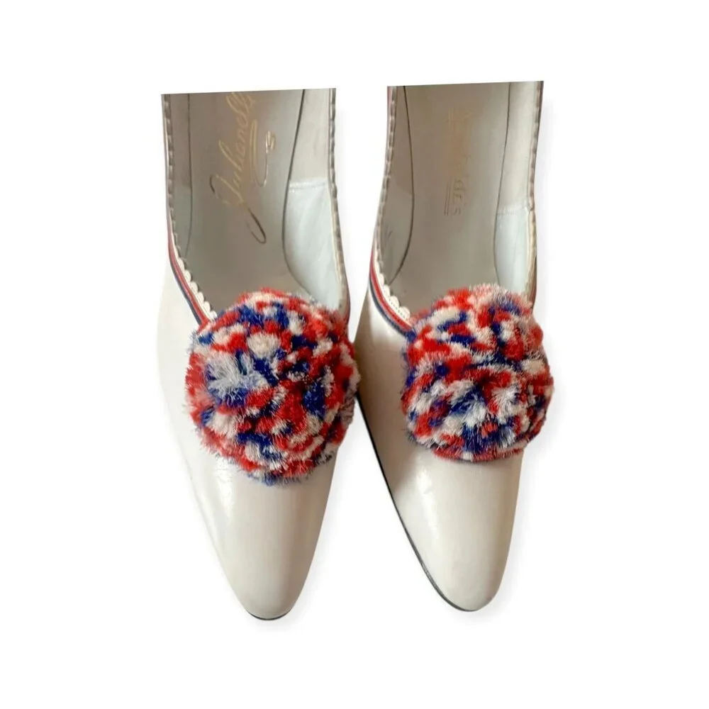 Vintage 50s/60s Julianelli's for Montaldo's  White Leather Pom Pom Heels 8AAA